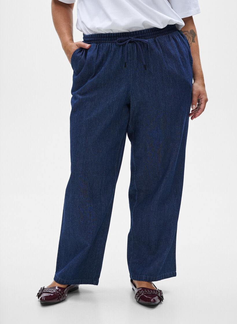 Jeans met rechte pasvorm en elastische taille, Blauw, Model image number 2