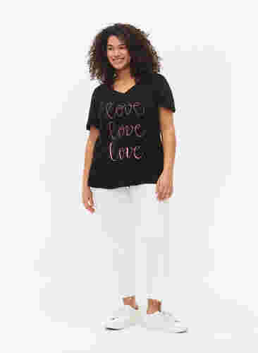 Katoenen t-shirt met v-hals en opdruk, Black W. Love, Model image number 2