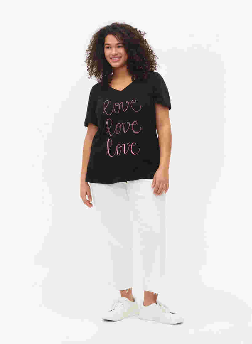 Katoenen t-shirt met v-hals en opdruk, Black W. Love, Model image number 2