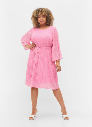 Geplooide jurk met strikceintuur, Pink Ditzy Flower, Model image number 2