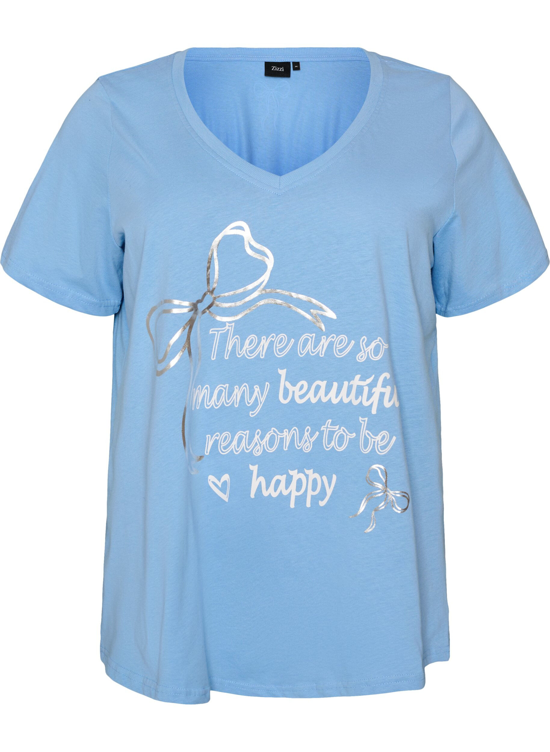 ZizziKatoenen T-shirt met V-hals en print aan de voorkant, Blauw, Packshot image number 0