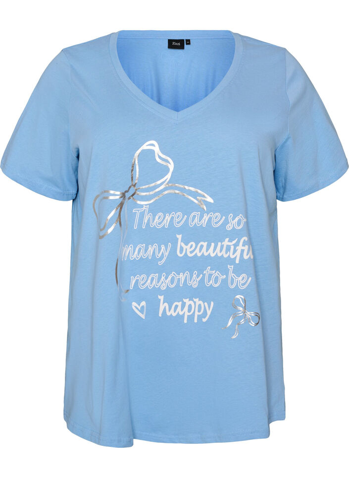 Katoenen T-shirt met V-hals en print aan de voorkant, Blauw, Packshot image number 0