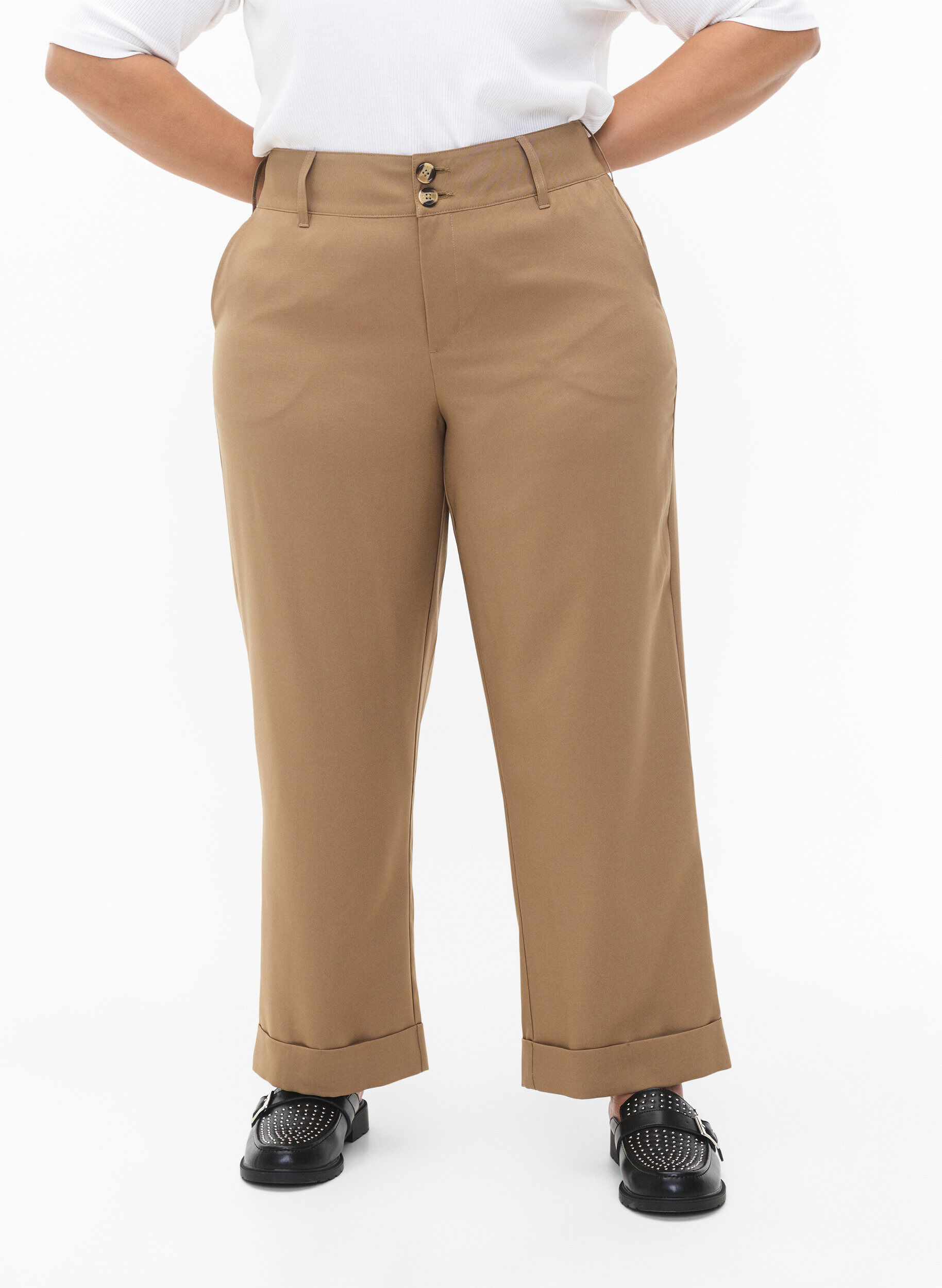 Zizzi Broek met hoge taille en omslag, Petrified Oak, Model image number 2