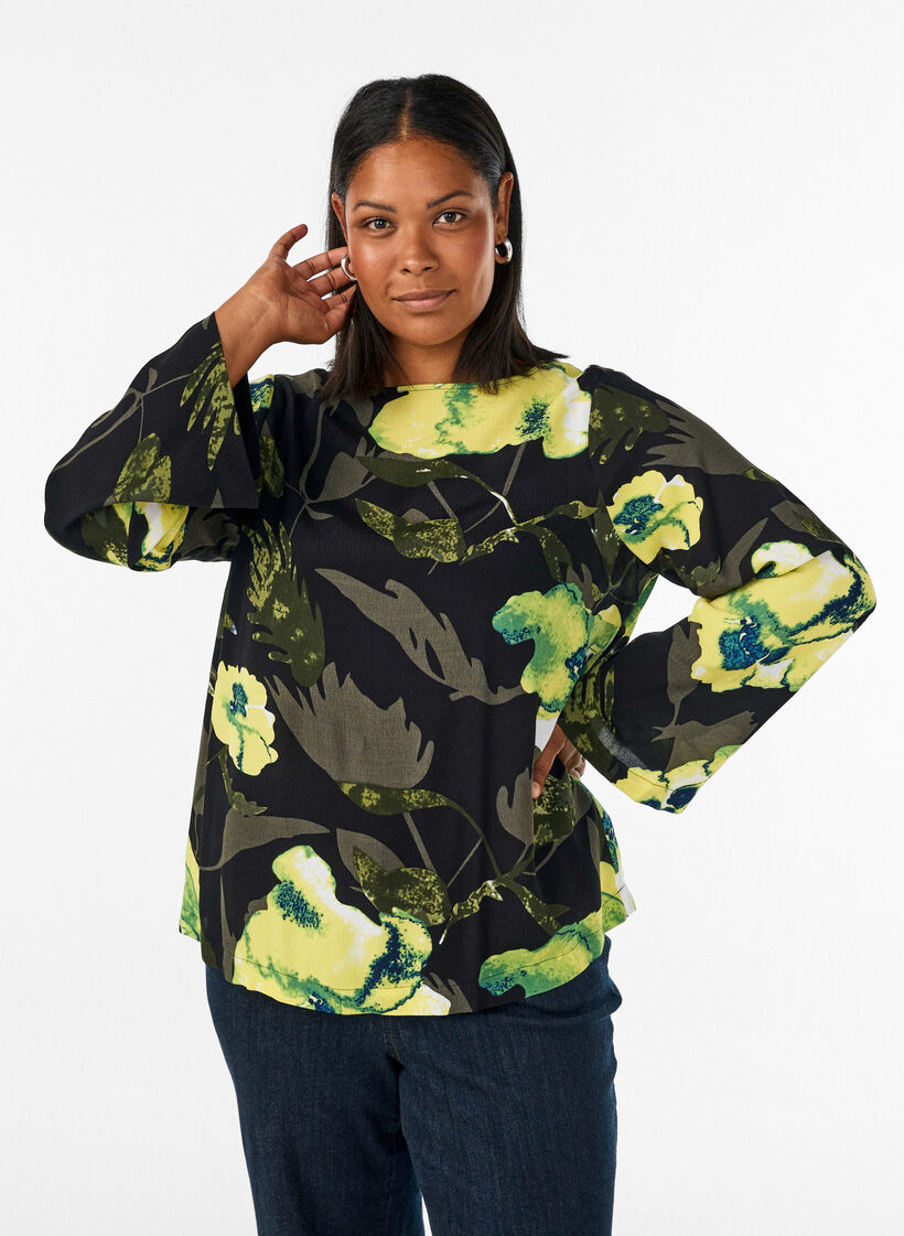 Blouse met bloemenprint, boothals en wijde mouwen, Zwart, Model image number 0