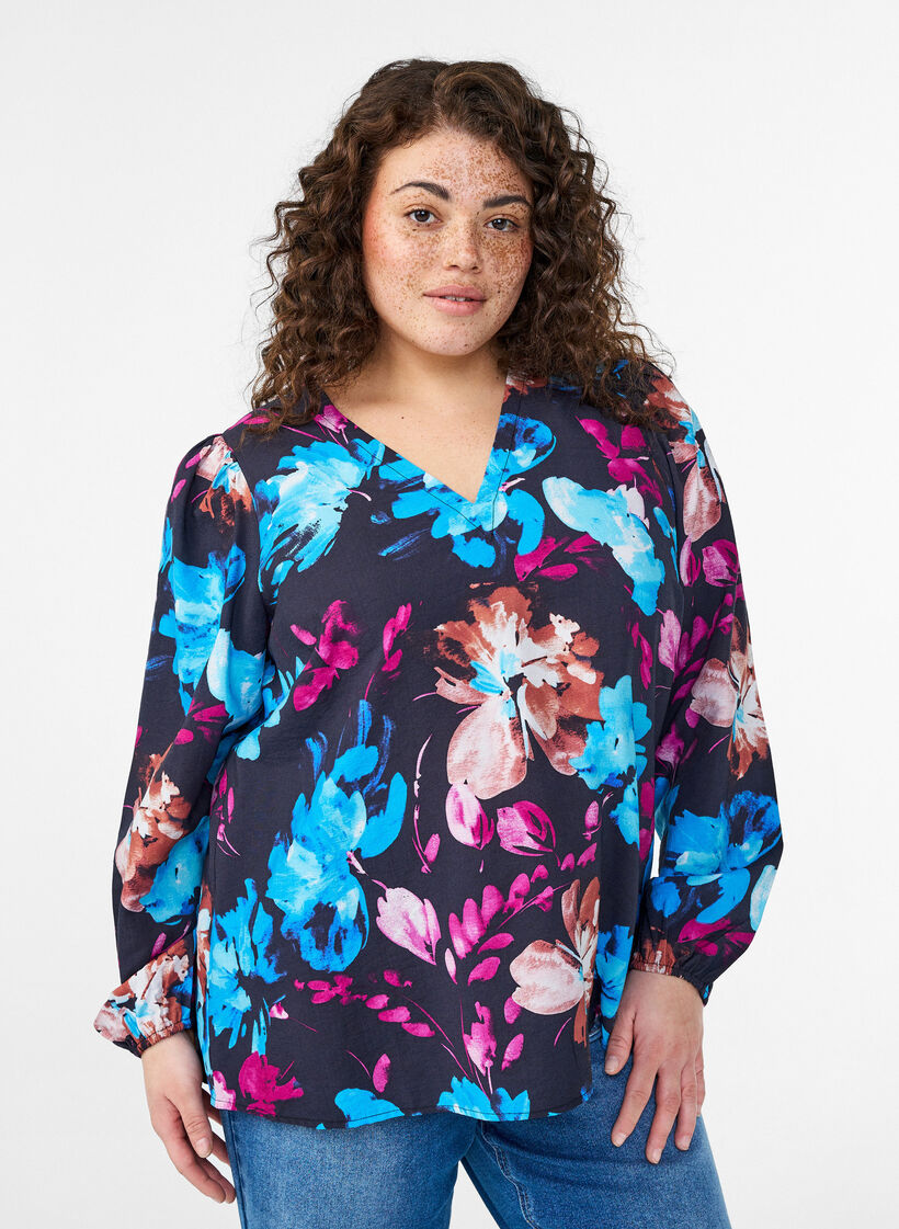 Viscose blouse met bloemenprint en lange mouwen, Zwart, Model image number 0