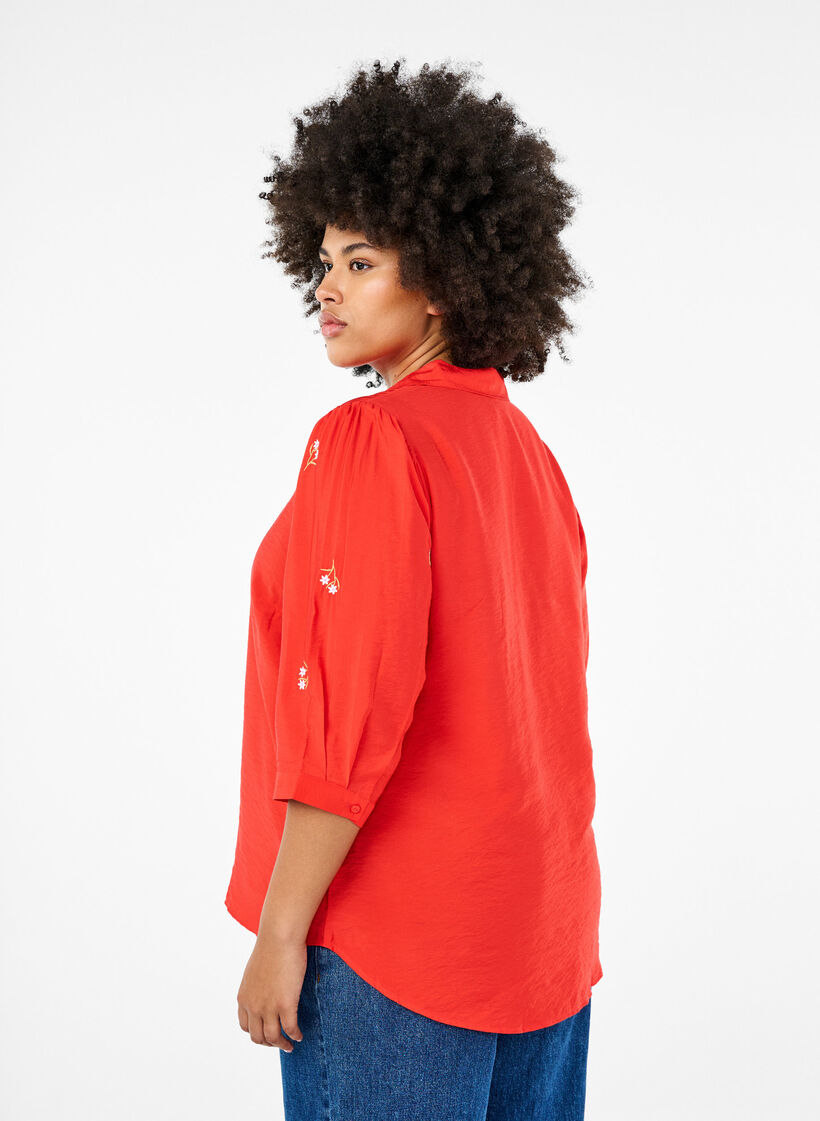Blouse met 3/4 mouwen en bloemenborduursel, Flame Scarlet, Model image number 1