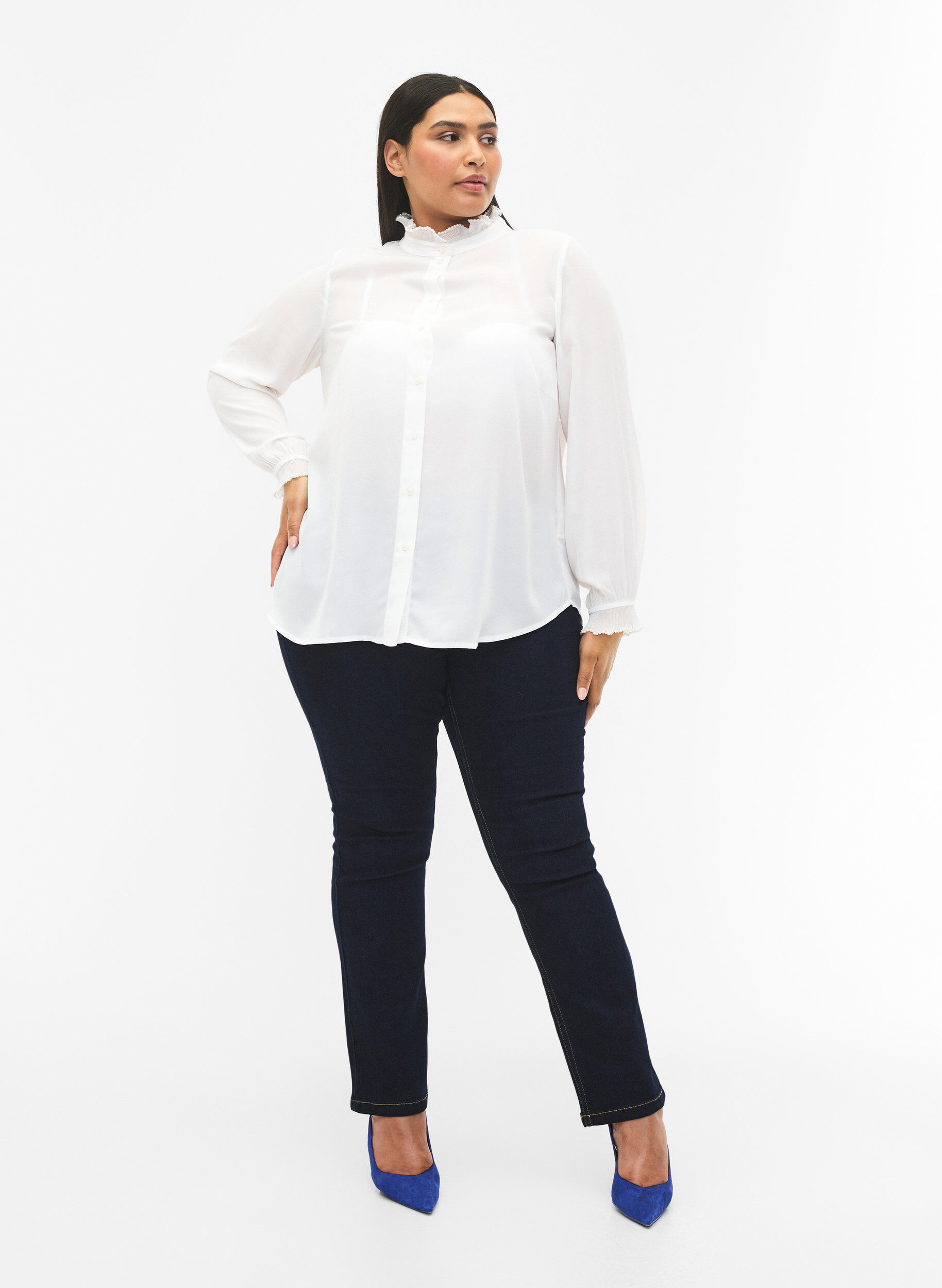 Zizzi Shirt blouse met ruches, Bright White, Model image number 4