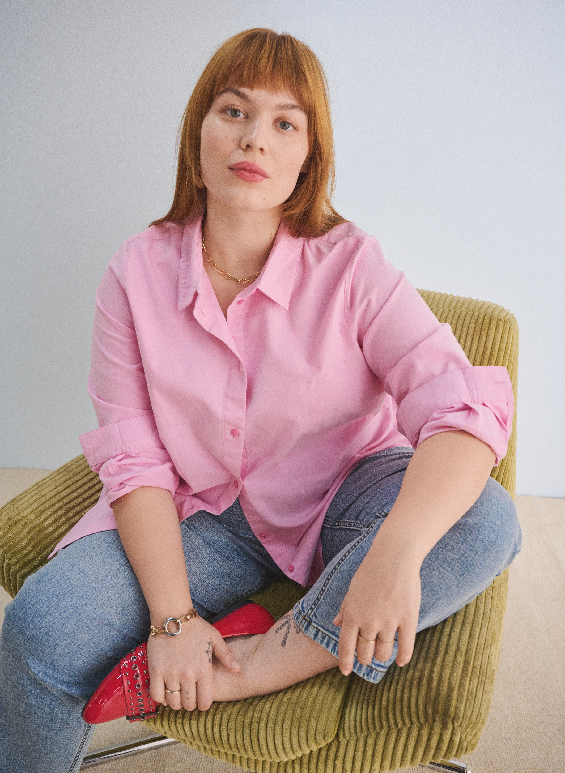 Zizzi Katoenen overhemd met lange mouwen, Roze, Image image number 0