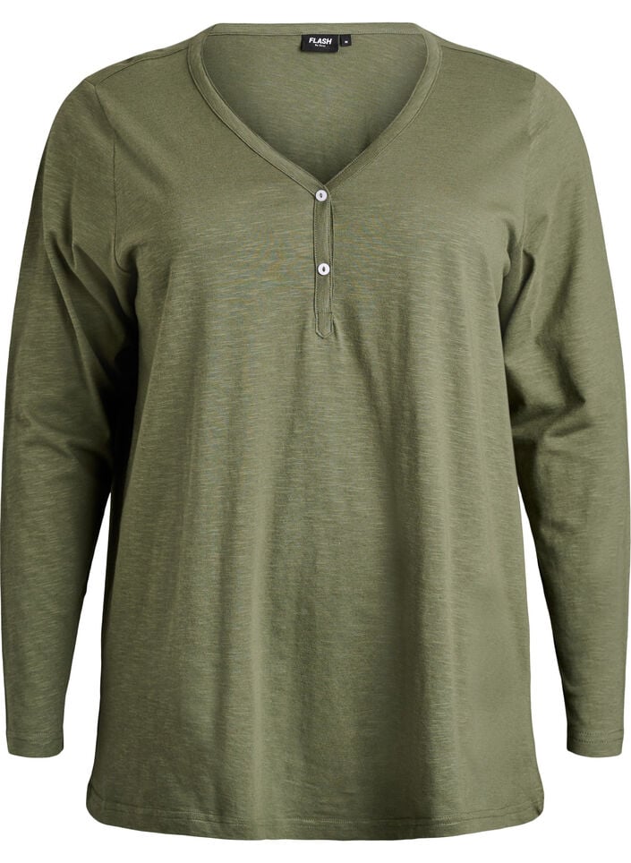 T-shirt met lange mouwen, V-hals en knopen, Groen, Packshot image number 0