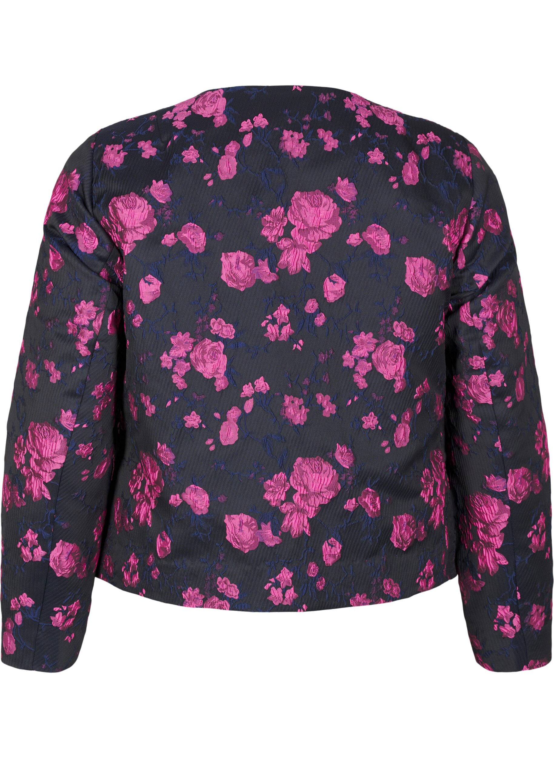 Zizzi Jacquard jas met bloemenprint, Black w. Red Rose, Packshot image number 1