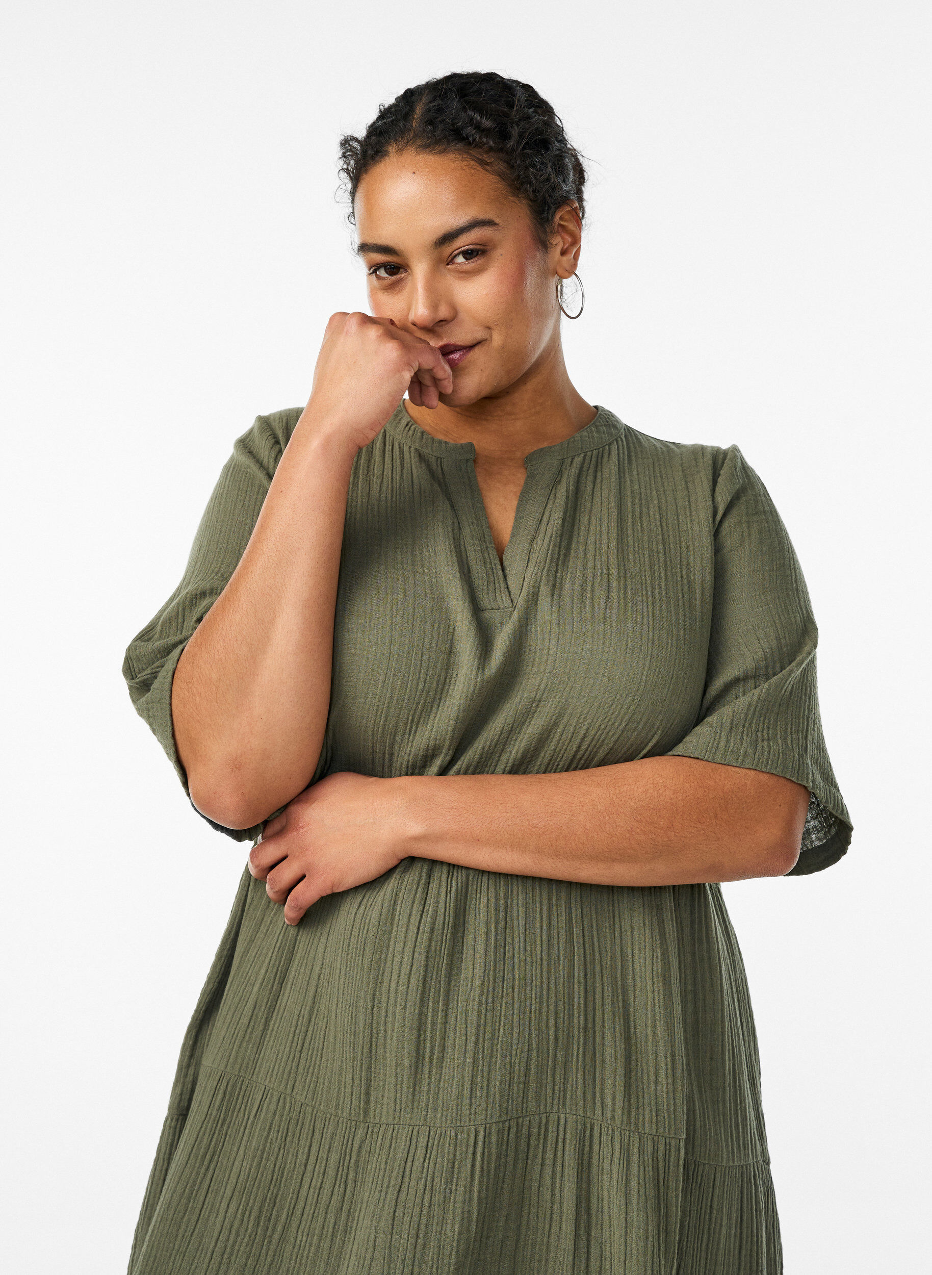 Zizzi A-lijn midi-jurk in katoenen mousseline, Groen, Model image number 2