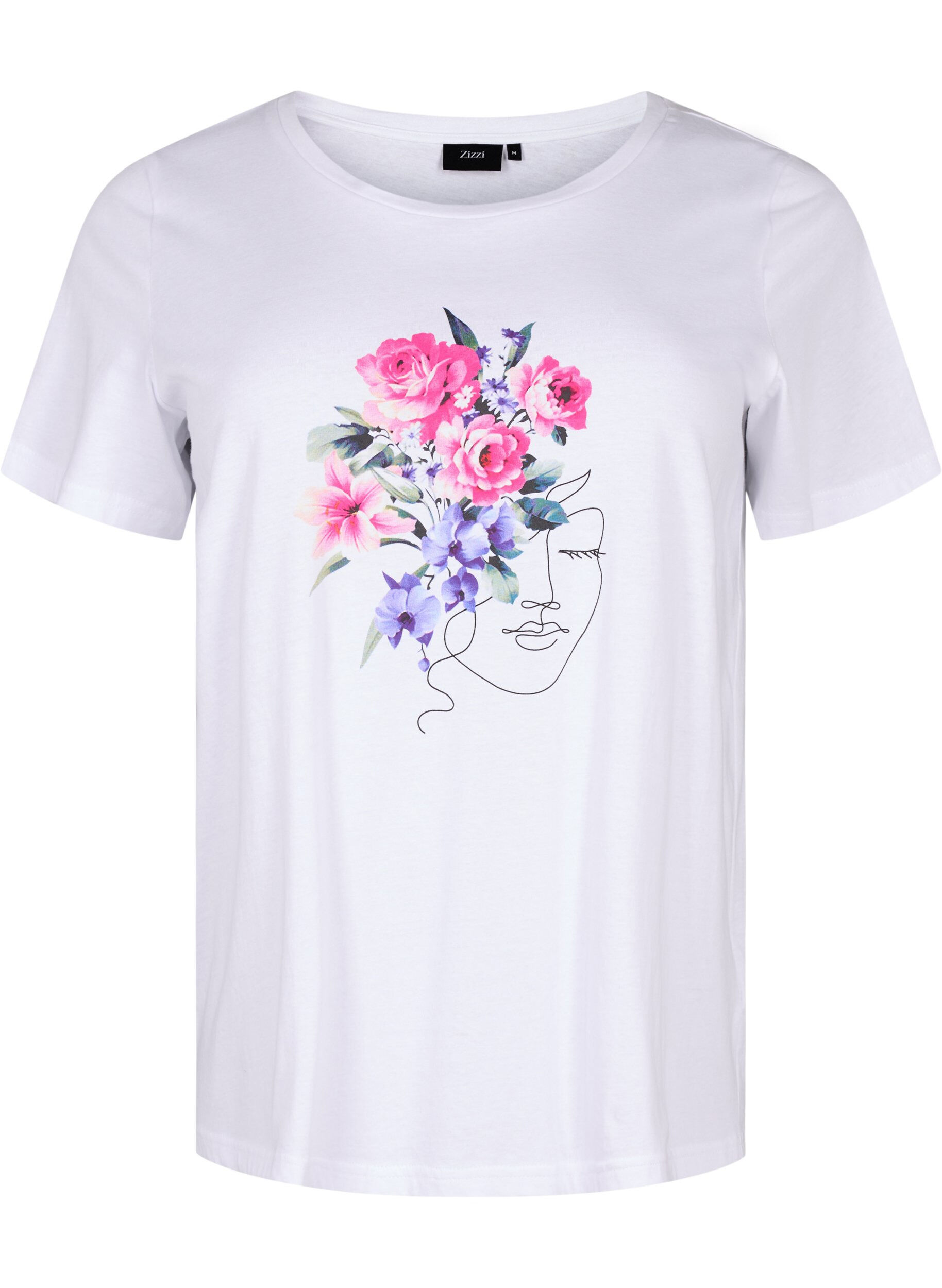 Zizzi Katoenen T-shirt met bloemen en portret, B. White Face Flower, Packshot image number 0