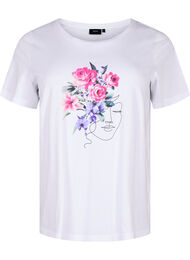 Katoenen T-shirt met bloemen en portret, B. White Face Flower