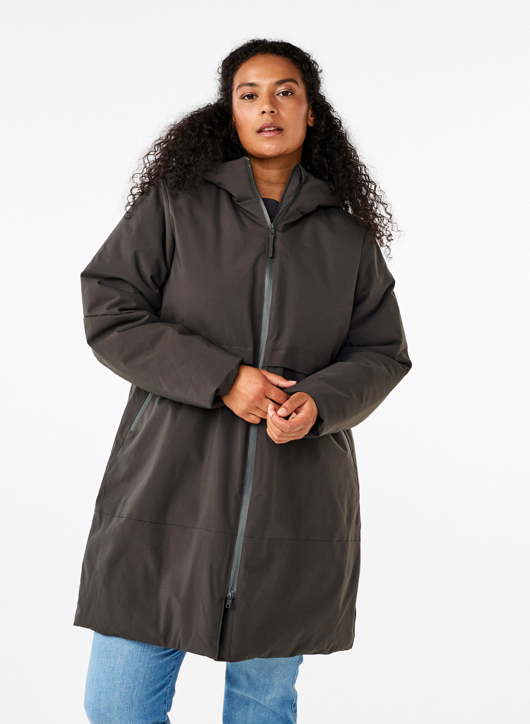 Zizzi Winterjas met verstelbare taille, Grijs, Model image number 0