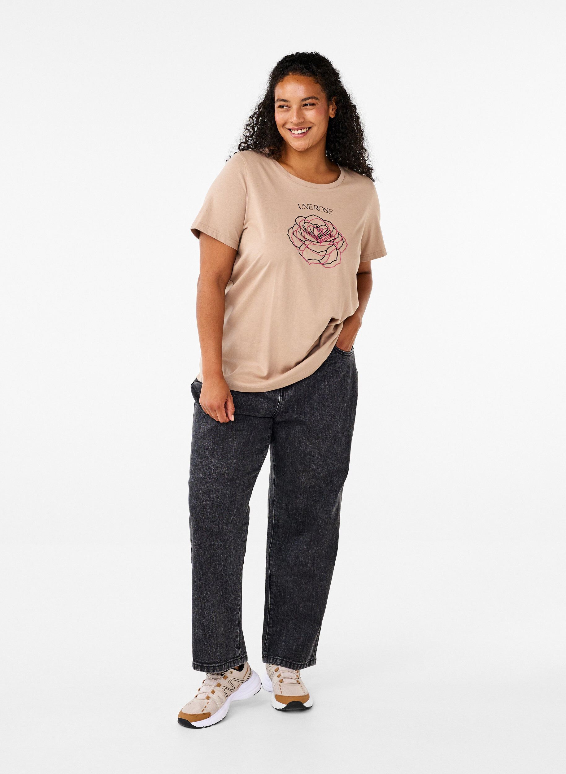 Zizzi Katoenen T-shirt met opdruk, S. Mink w. Flower, Model image number 2
