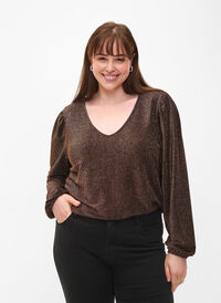 Glitter blouse met pofmouwen, Black Copper, Model