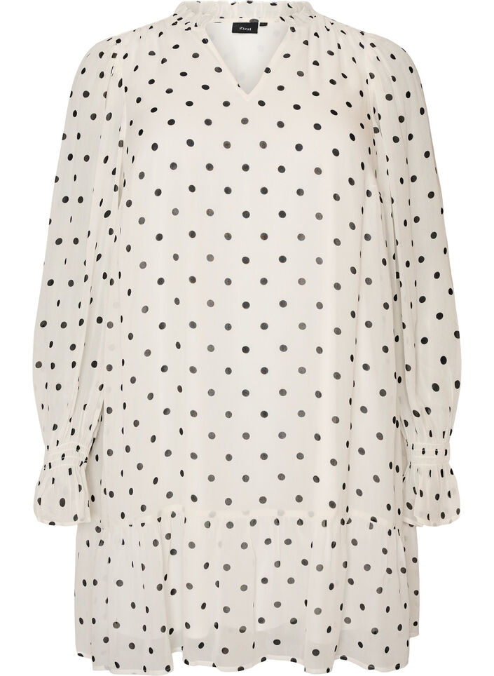 Viscose jurk met ruches en doorschijnende mouwen, Wit, Packshot image number 0