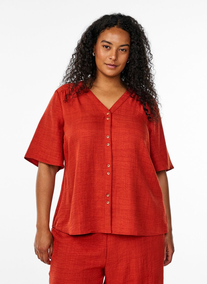 Overhemd blouse met V-hals en korte mouwen, Rood, Model image number 0