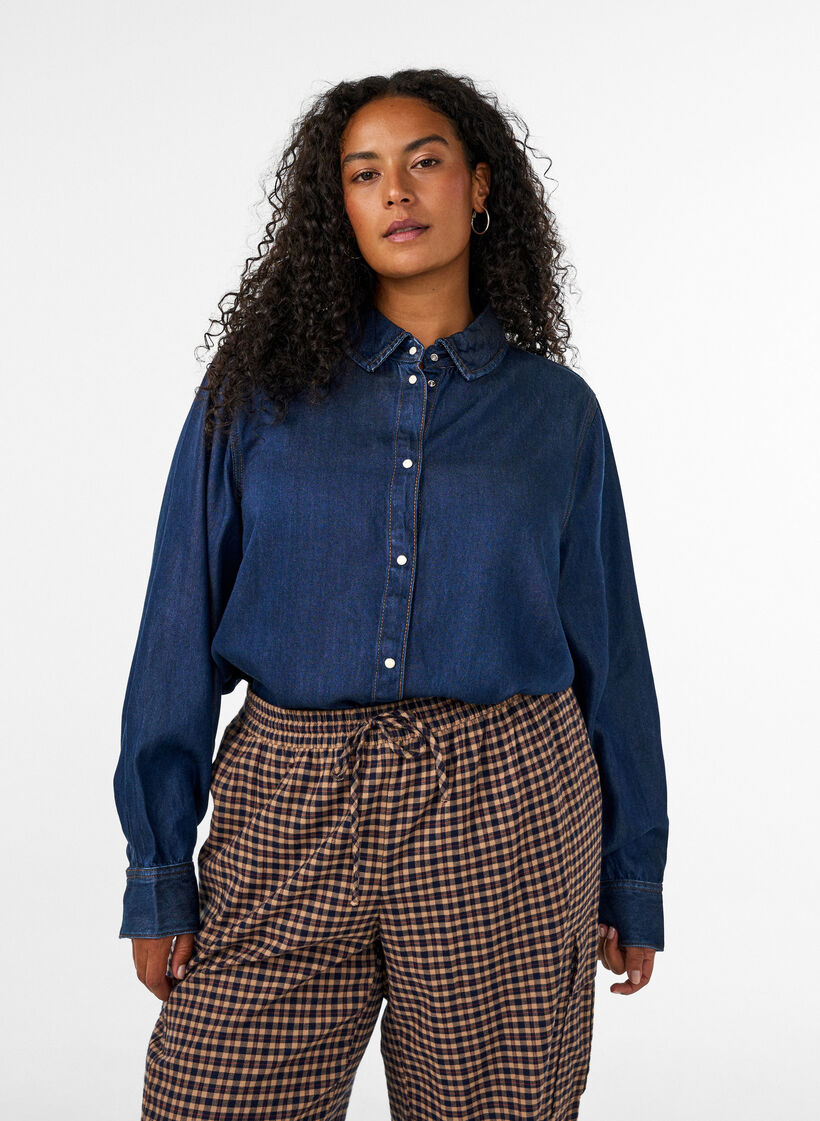 Denim blouse van lyocell met drukknopen, Blauw, Model image number 0