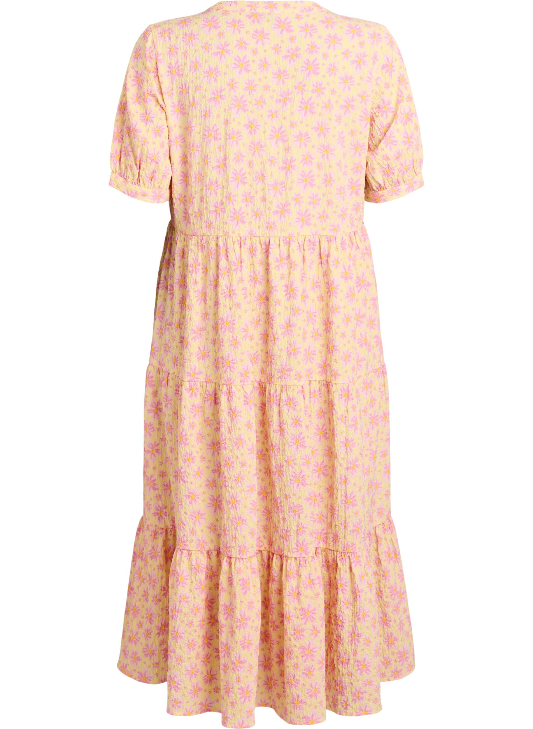 ZizziEnkellange jurk met korte mouwen en gelaagde ruches, Geel, Packshot image number 1