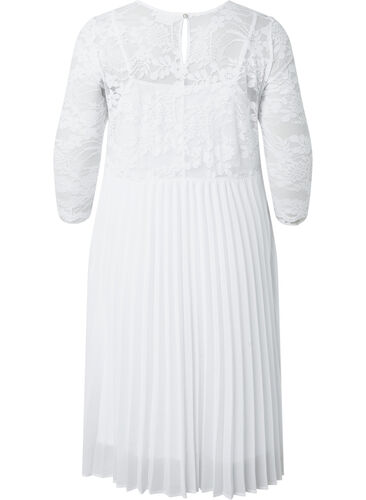 Geplooide jurk met kant en 3/4 mouwen, Bright White, Packshot image number 1