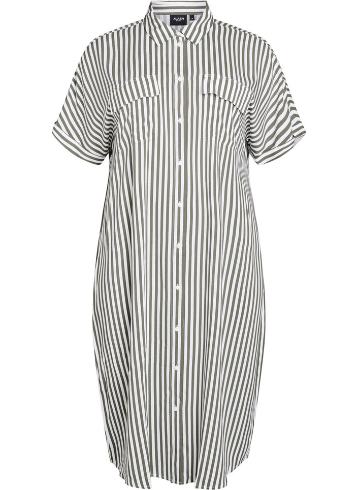 Lange overhemdjurk met korte mouwen, Groen, Packshot image number 0