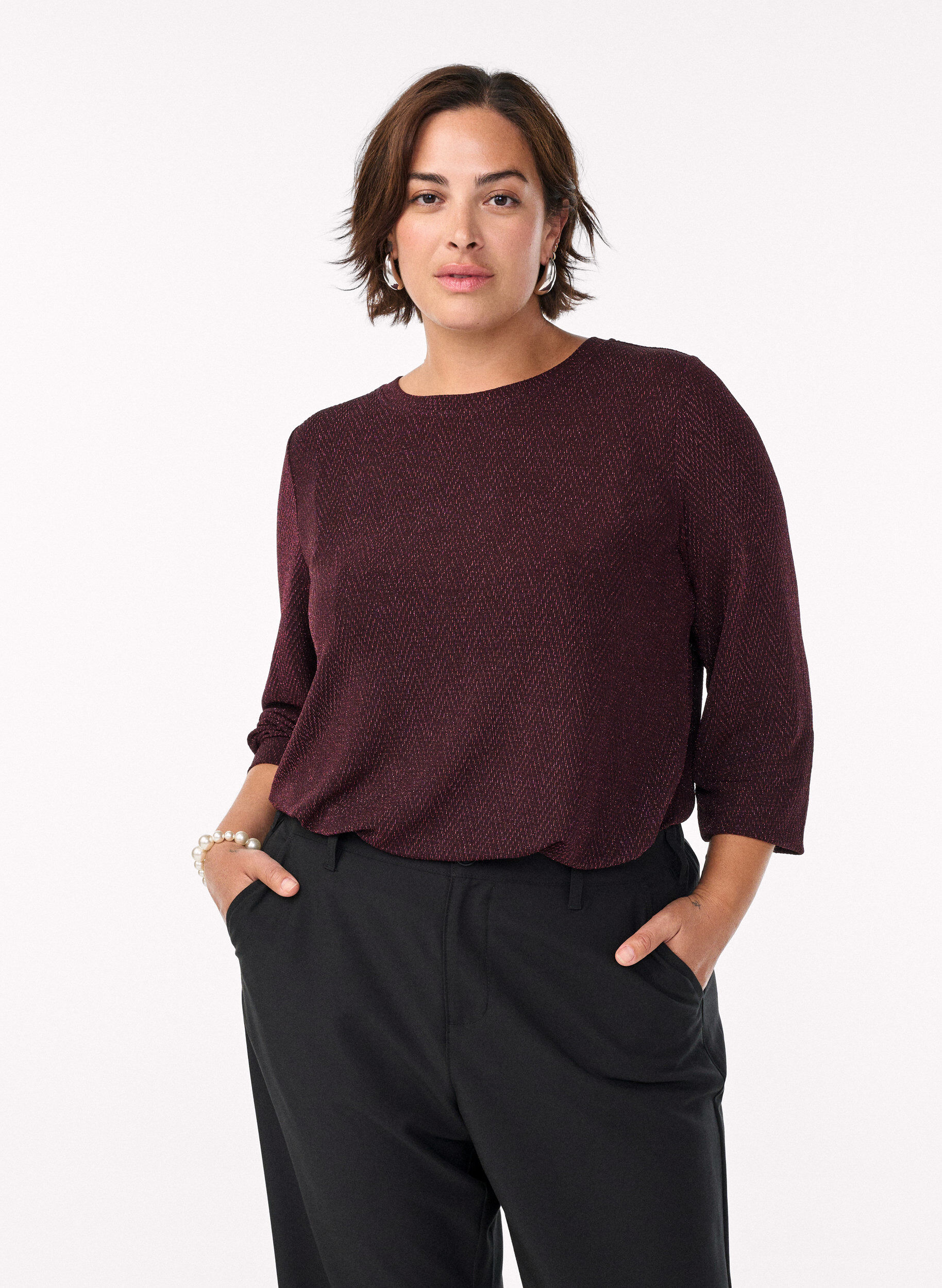 ZizziBlouse met visgraatpatroon en glinsterend garen, Donker Bordeaux, Model image number 0