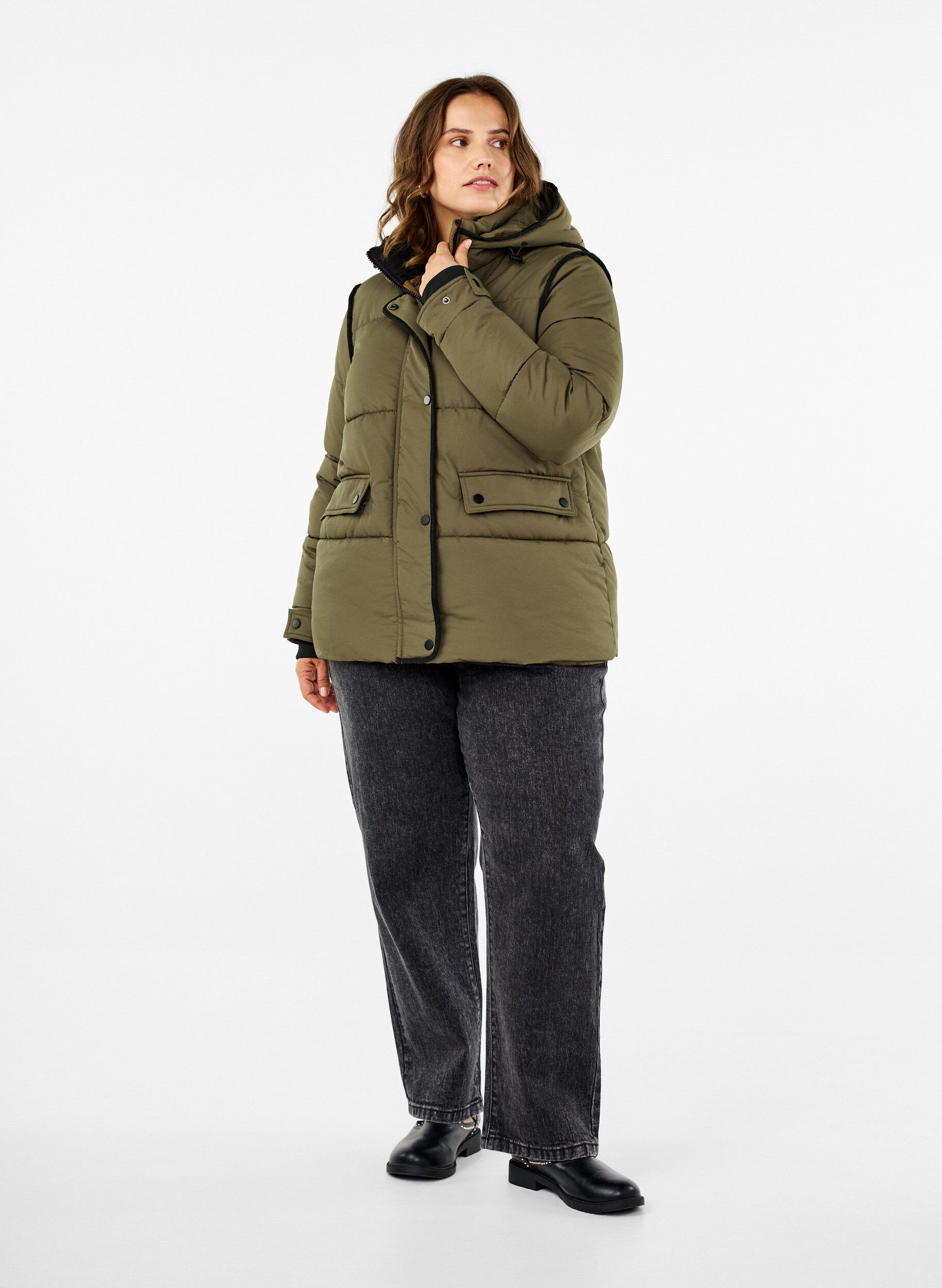 Zizzi Korte puffer jas met contrastdetails, Groen, Model image number 1
