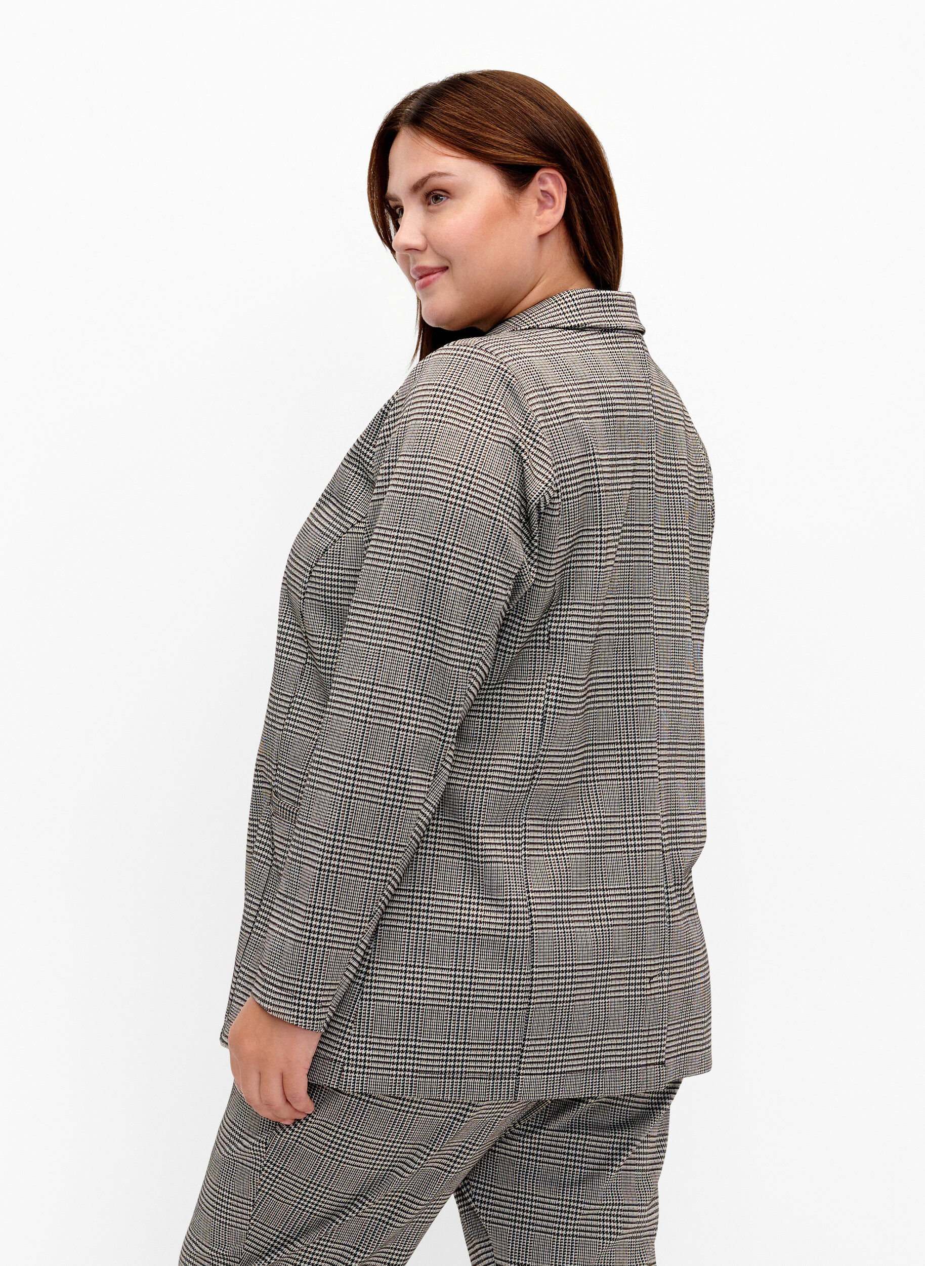 Zizzi Geruite blazer met knoopsluiting, Beige Brown Check, Model image number 1