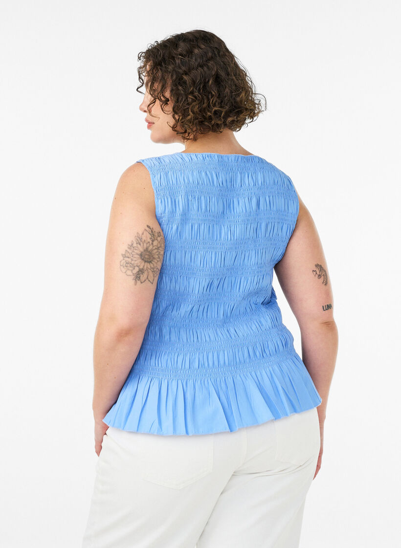 Smocktop met boothals en peplumzoom, Blauw, Model image number 2
