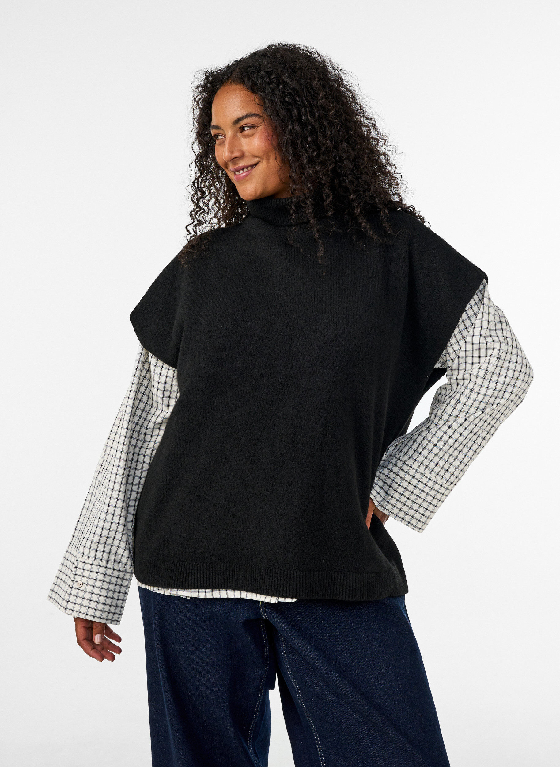 ZizziGebreide vest met col, Zwart, Model image number 0