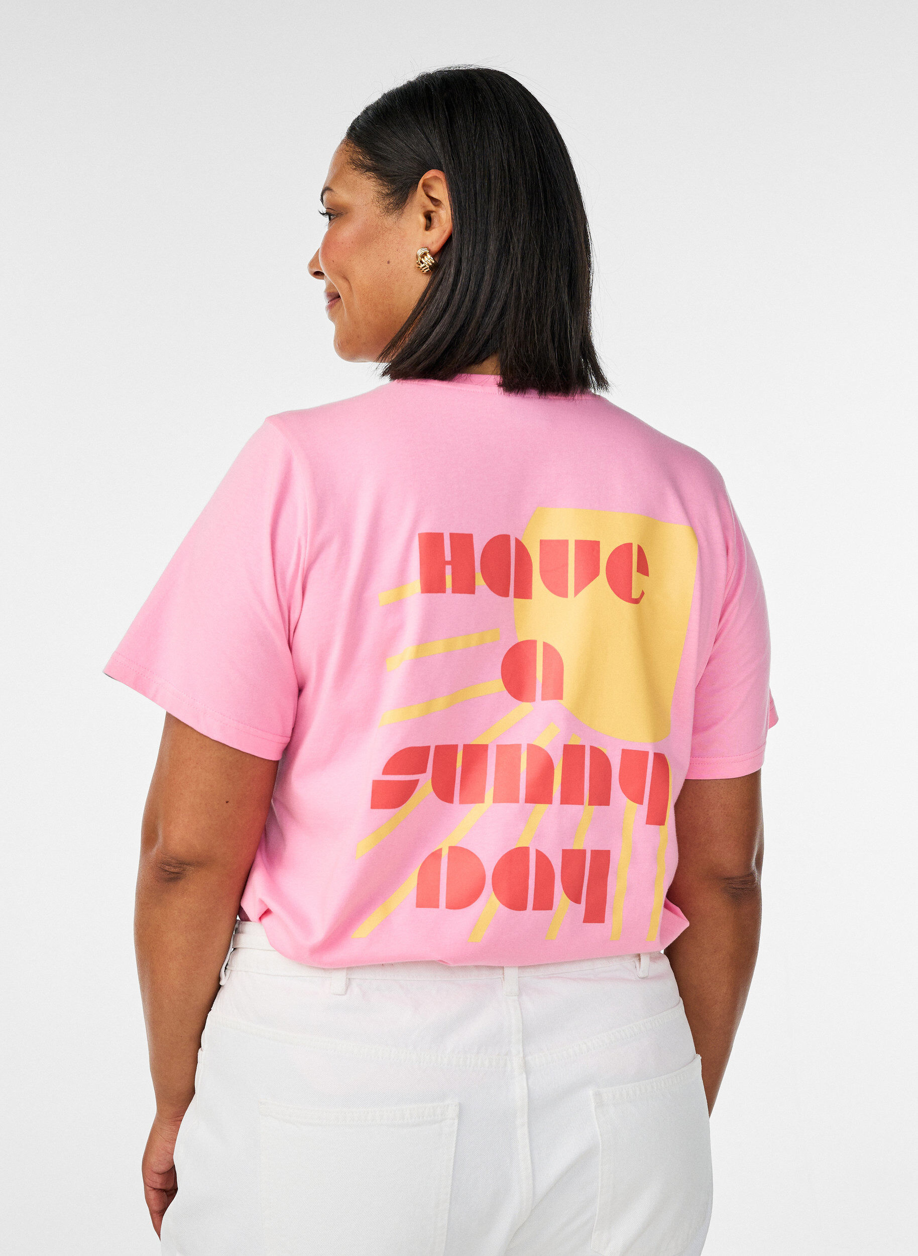 ZizziBiologisch katoenen T-shirt met tekstmotief, Roze, Model image number 2