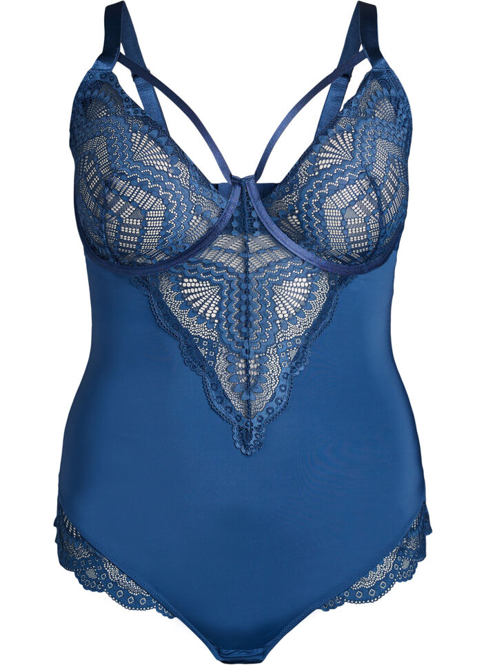 Body van kant met beugels en bandjesdetails, Blauw, Packshot image number 0