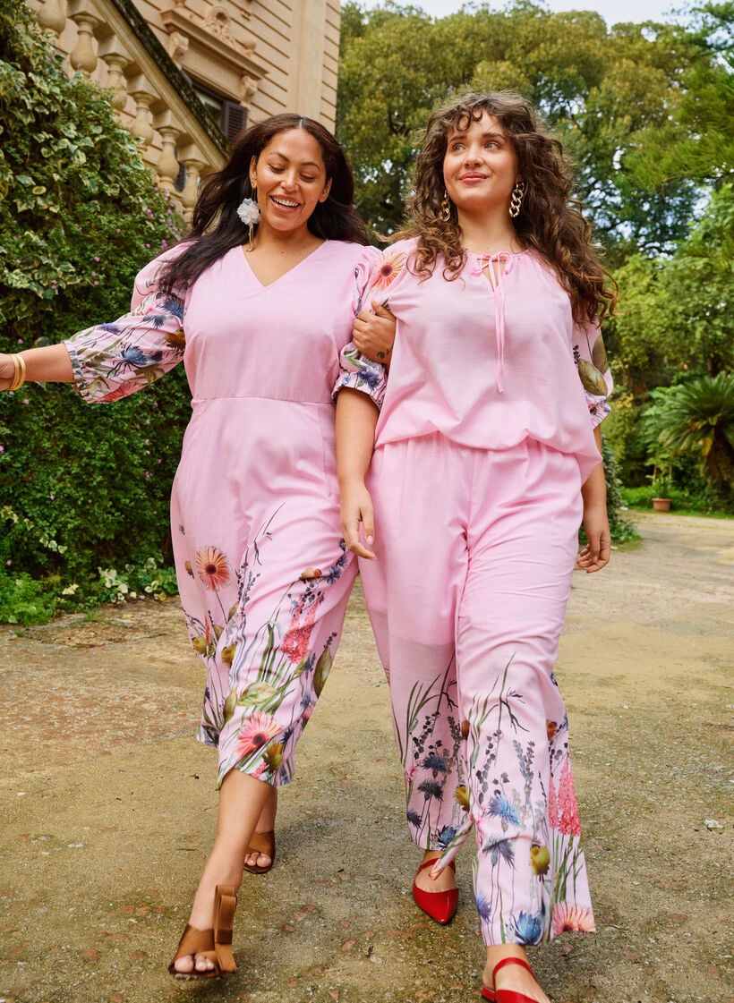 Midi-jurk met een empirelijn en bloemenprint, Roze, Image