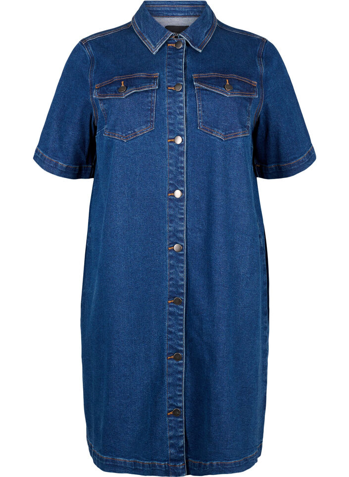 Denim jurk met knopen en korte mouwen, Blauw, Packshot image number 0