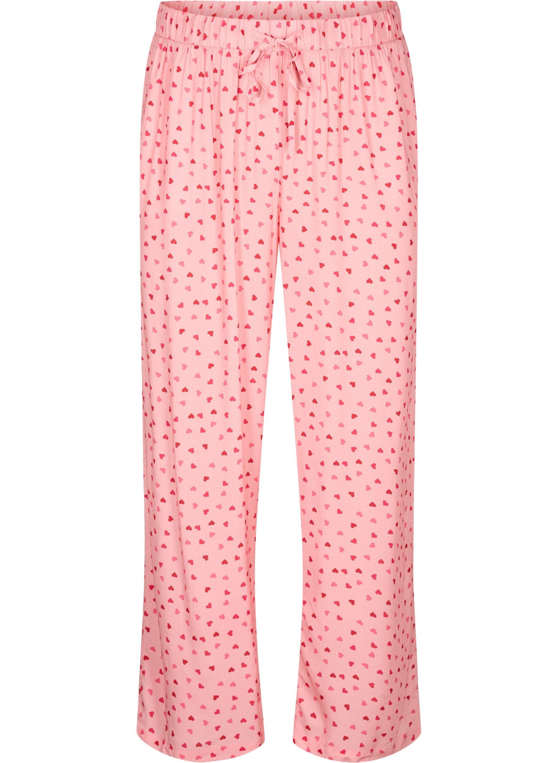 Zizzi Los vallende viscose broek met all-over print, Pink Icing W. hearts, Packshot image number 0