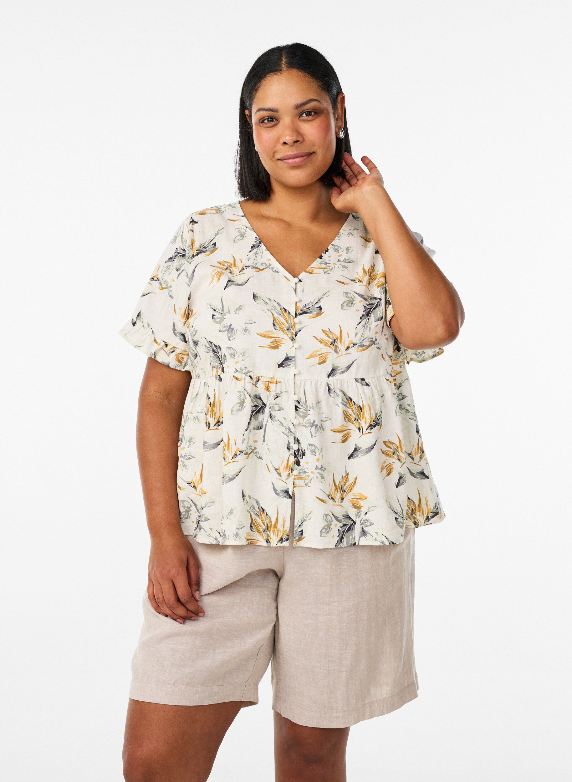 Shorts met hoge taille in linnen en viscose, Beige, Model