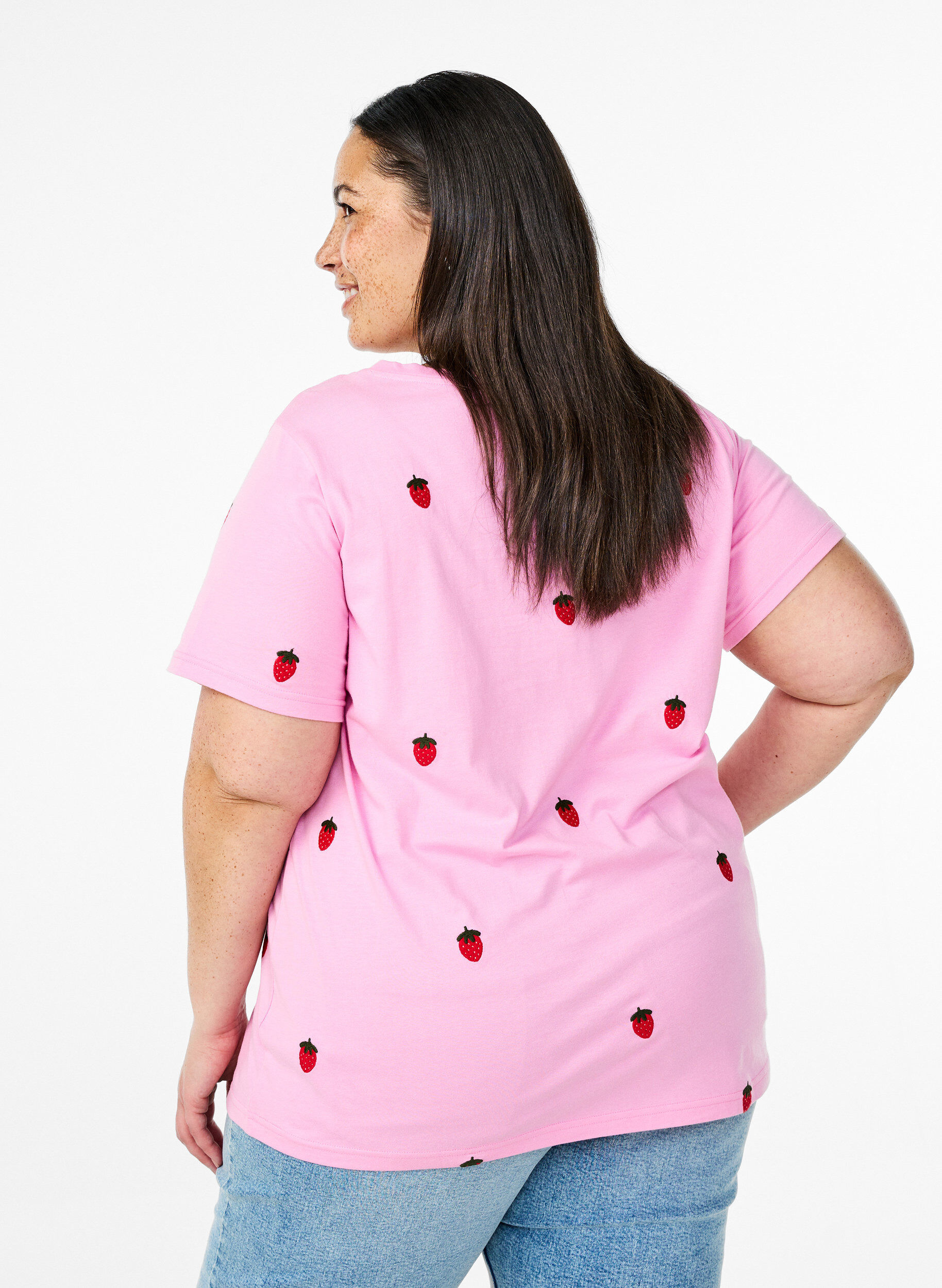 Zizzi T-shirt in biologisch katoen met geborduurde motieven, Roze, Model image number 2