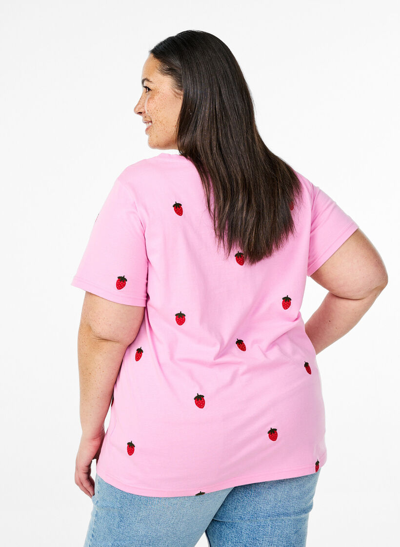 T-shirt in biologisch katoen met geborduurde motieven, Roze, Model image number 2