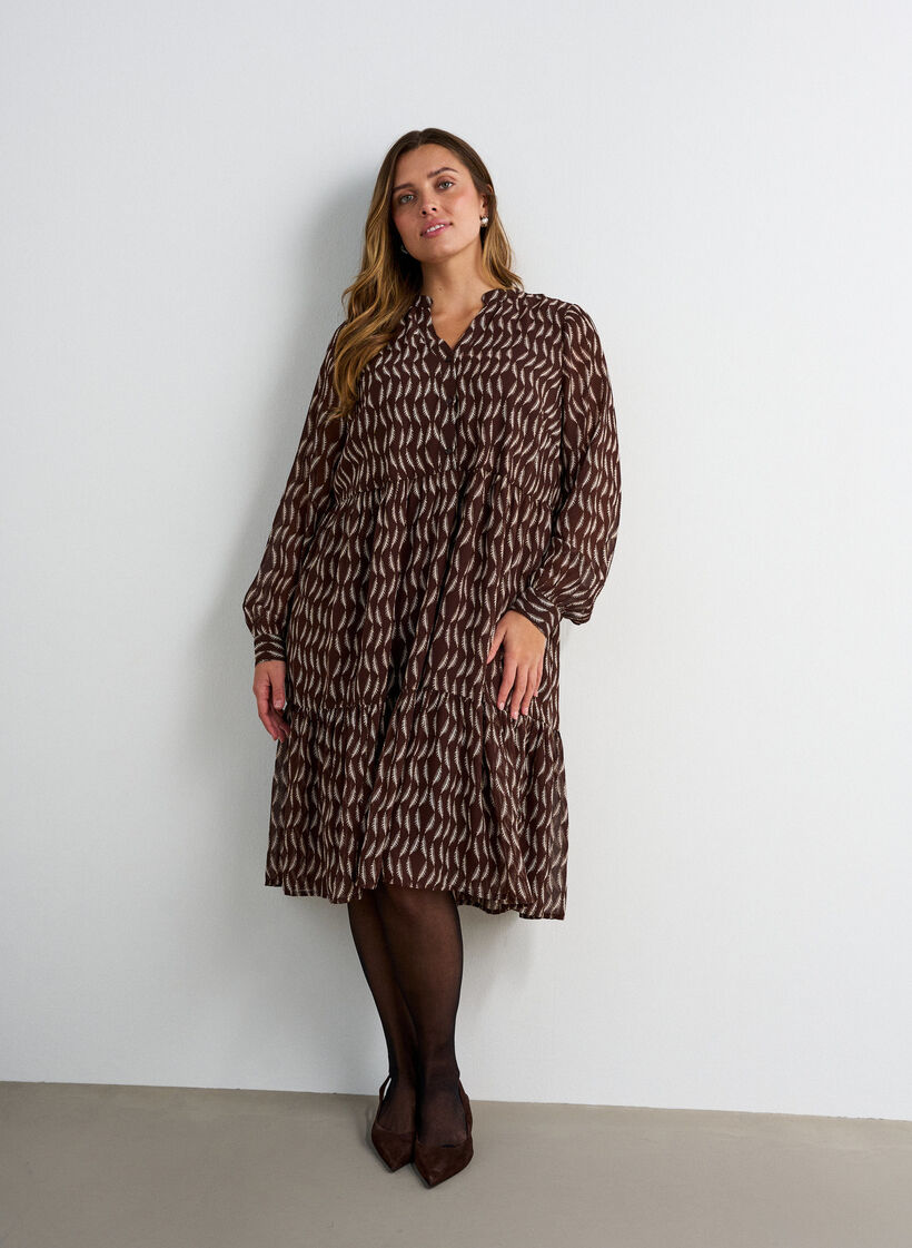 Jurk met all-overprint en een rucheslaag, Bruin, Model image number 0
