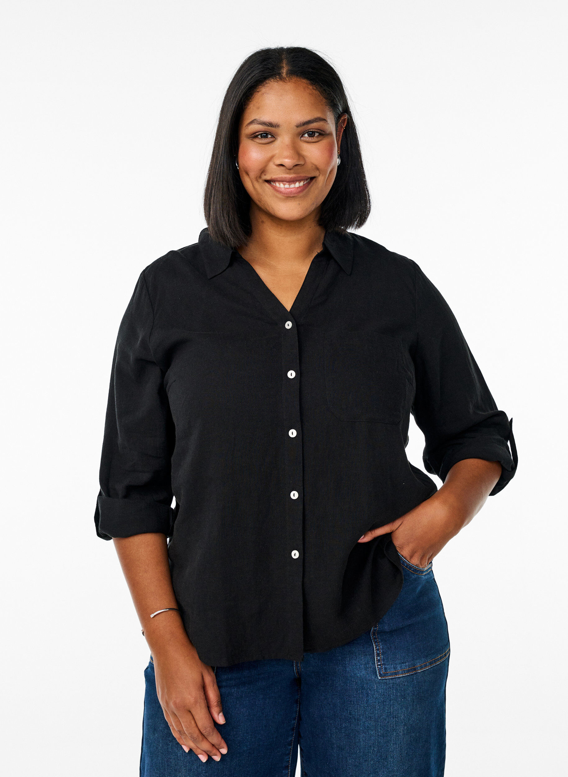 Linnen en viscose shirt met 3/4 mouwen, Zwart, Model