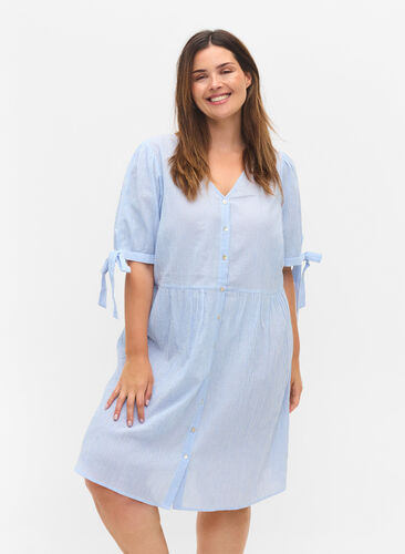 Gestreepte blouse jurk in katoen, Blue Stripe, Model image number 0