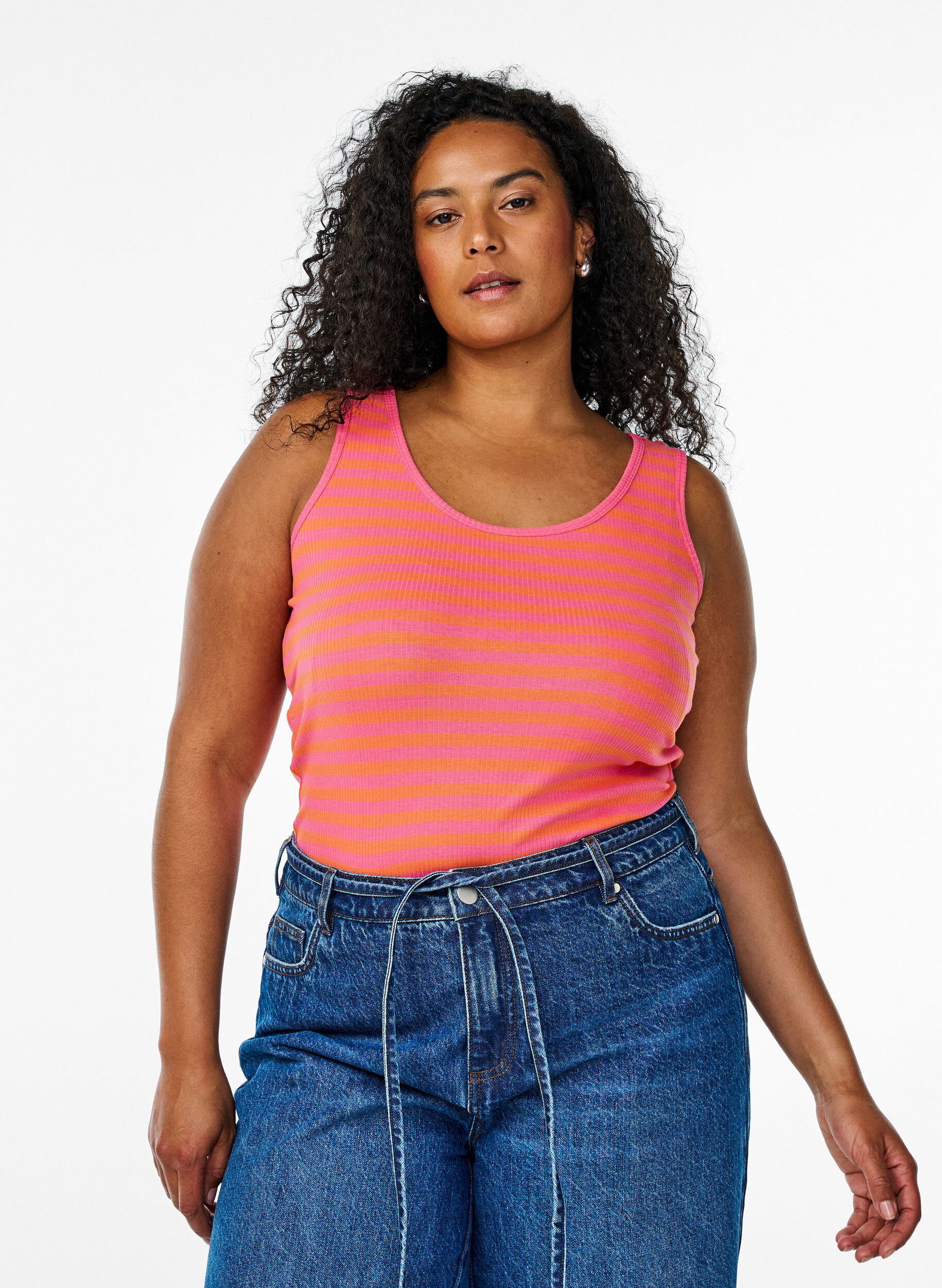 Zizzi Gestreepte tanktop met een ribstructuur, Melon B.Gum Stripe, Model image number 0