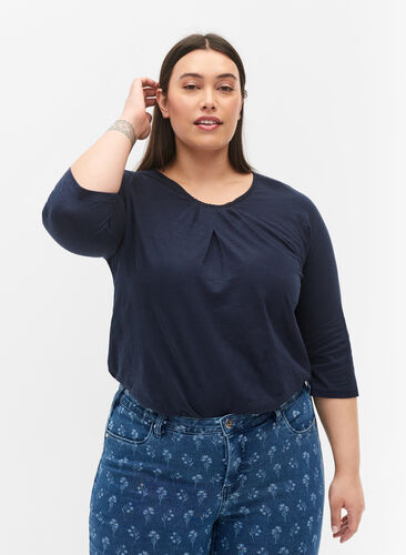 Katoenen blouse met 3/4 mouwen, Navy Blazer, Model image number 0