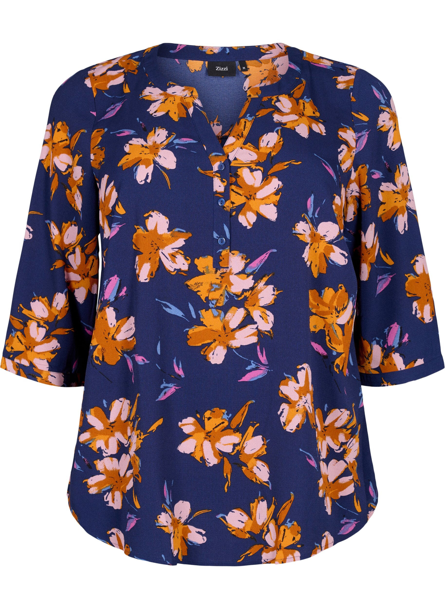 Zizzi Gebloemde blouse met 3/4 mouwen, Peacoat Flower AOP, Packshot image number 0
