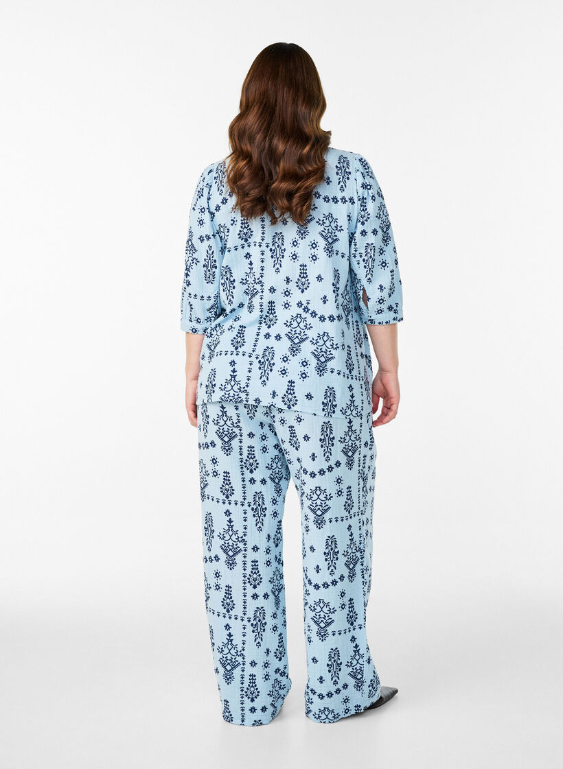 Losse broek in katoenen mousseline met stippen, Blauw, Model image number 1