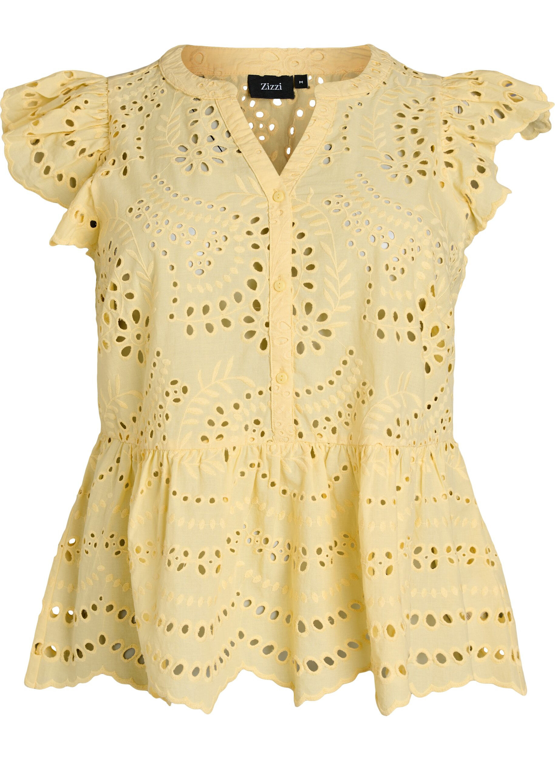 Zizzi Mouwloze blouse met broderie anglaise en ruches, Geel, Packshot image number 0
