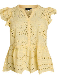 Mouwloze blouse met broderie anglaise en ruches, Geel