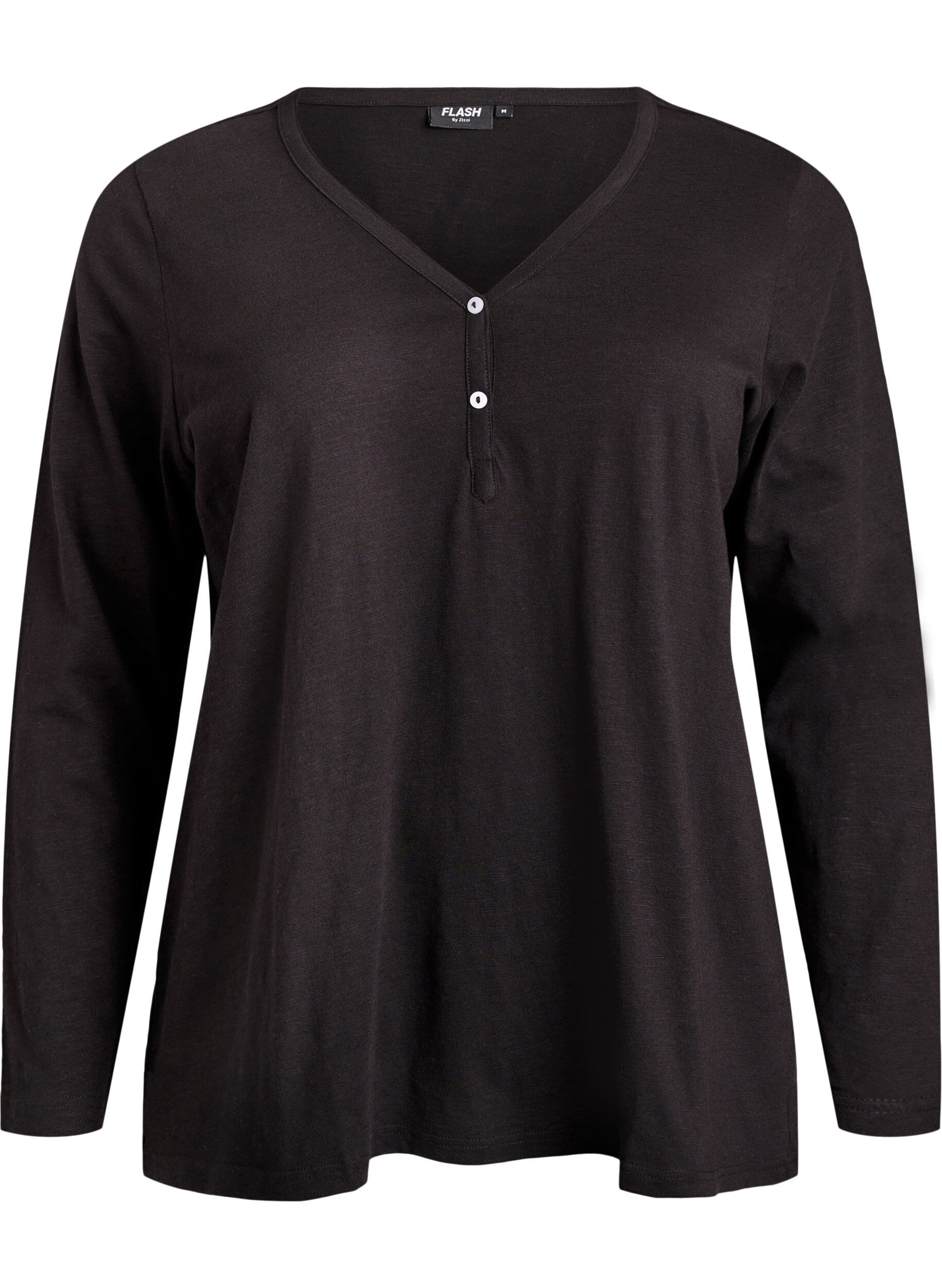 ZizziT-shirt met lange mouwen, V-hals en knopen, Zwart, Packshot image number 0