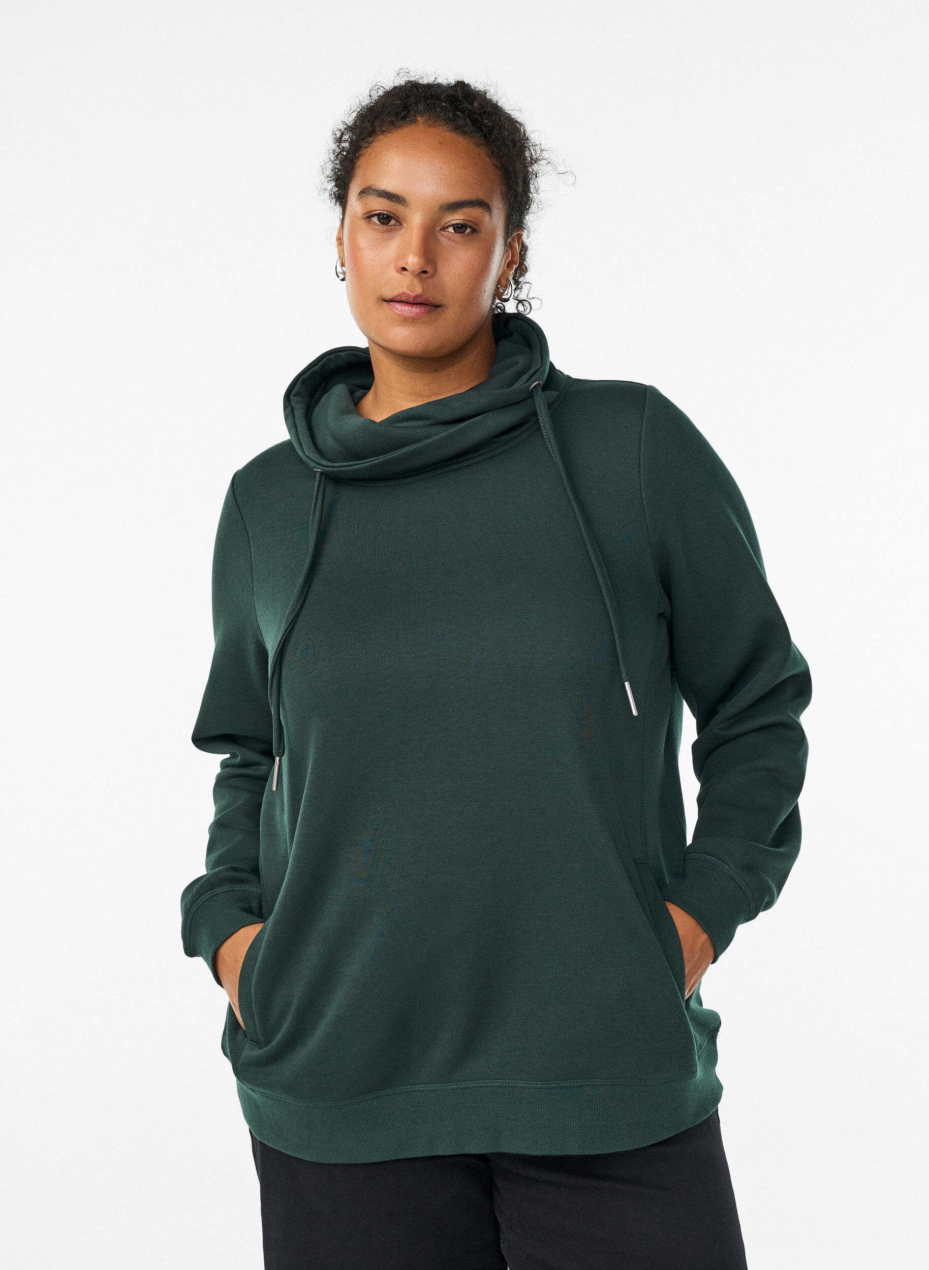 Zizzi Sweatshirt met hoge kraag en zakken, Groen, Model image number 0
